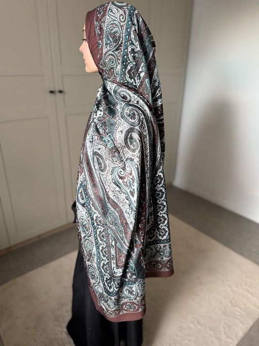 Châle Élégance Persane – Teintes Marron & Bleu