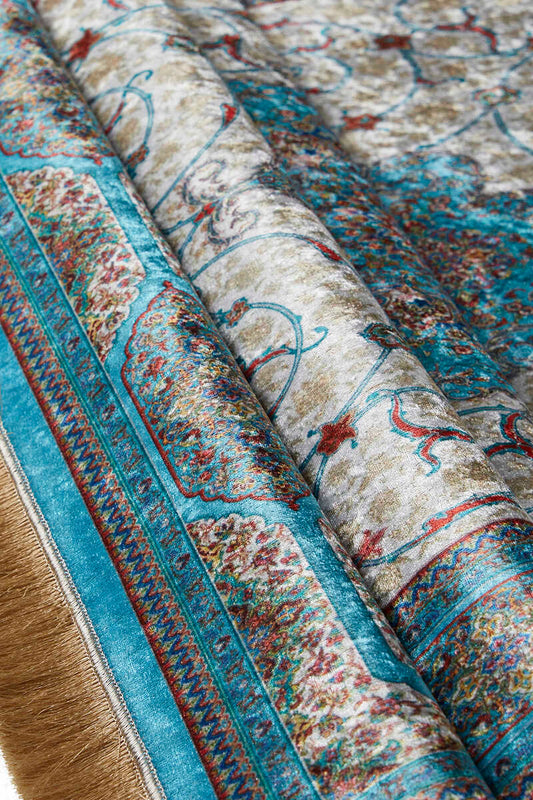 Tapis de Prière Velours Turquoise Blanc